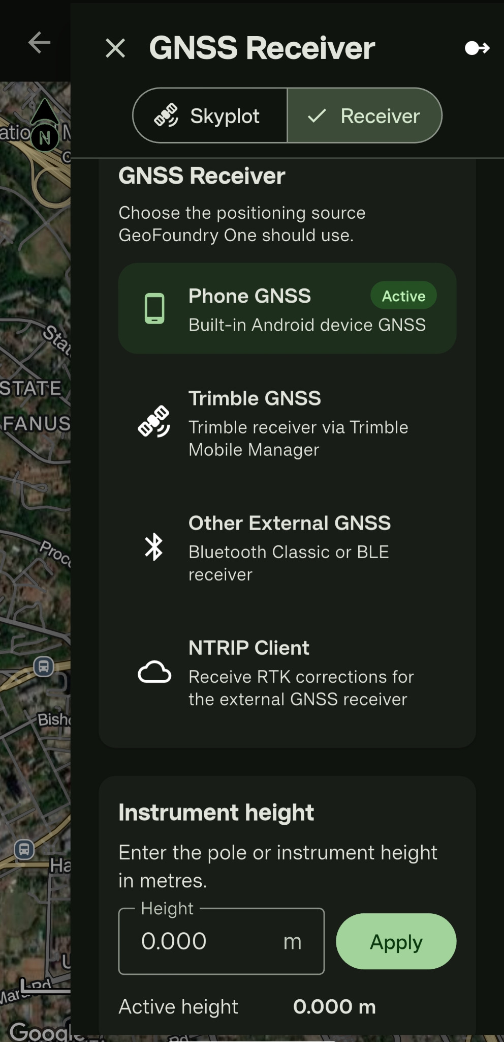 GeoFoundry One GNSS Receiver settings showing phone, Trimble and external GNSS options