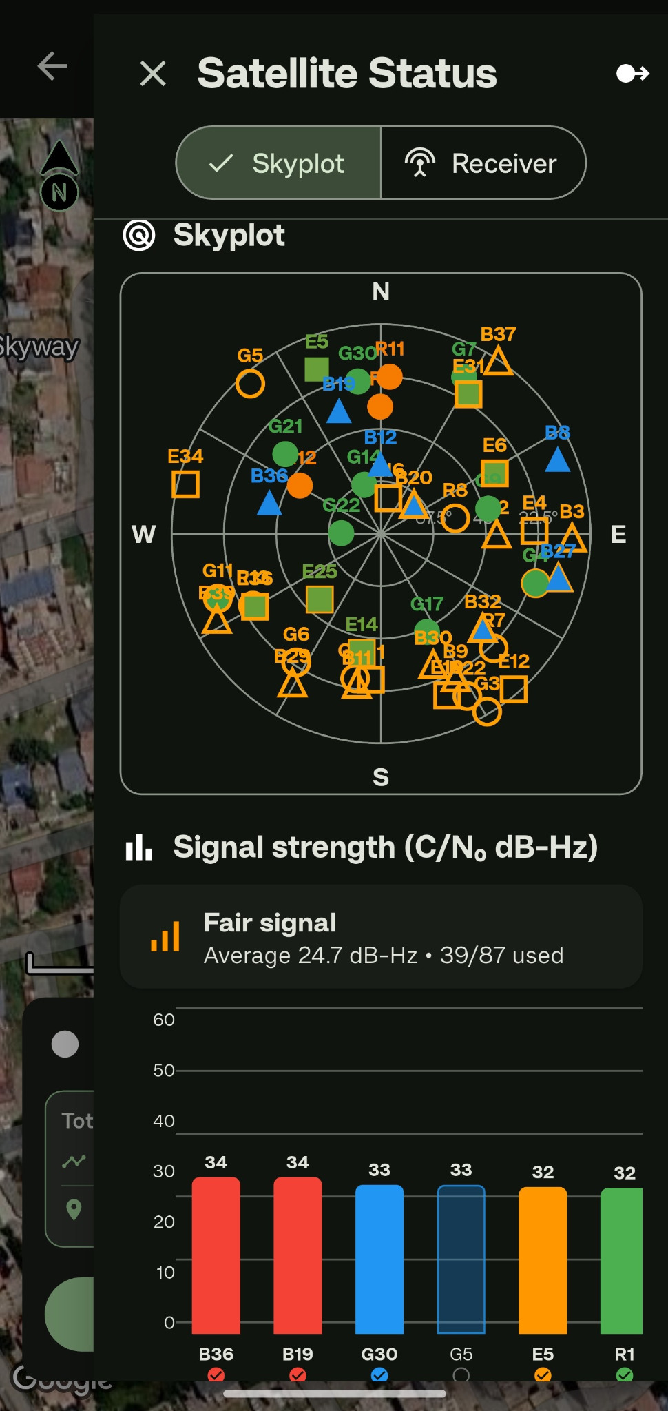 GeoFoundry One satellite skyplot showing visible GNSS satellites